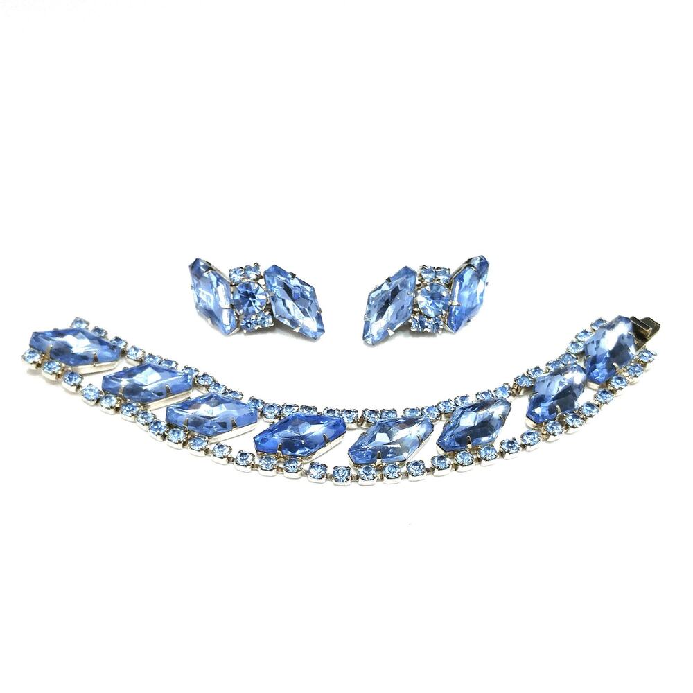 Light Blue Rhinestone Bracelet & Clip Earrings, Rhodium Plated, Ear Climbers